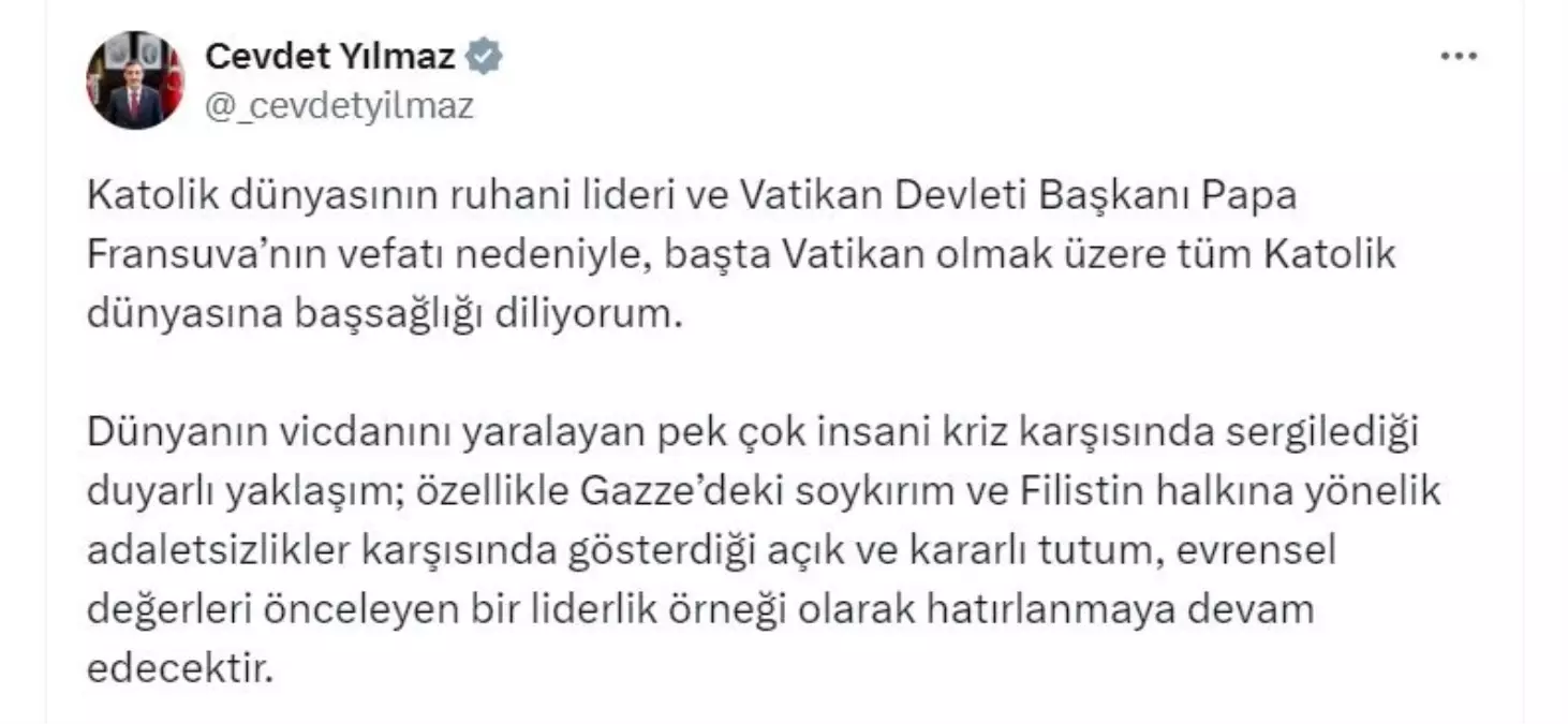 Cevdet Yılmaz’dan Papa Fransuva için Taziye