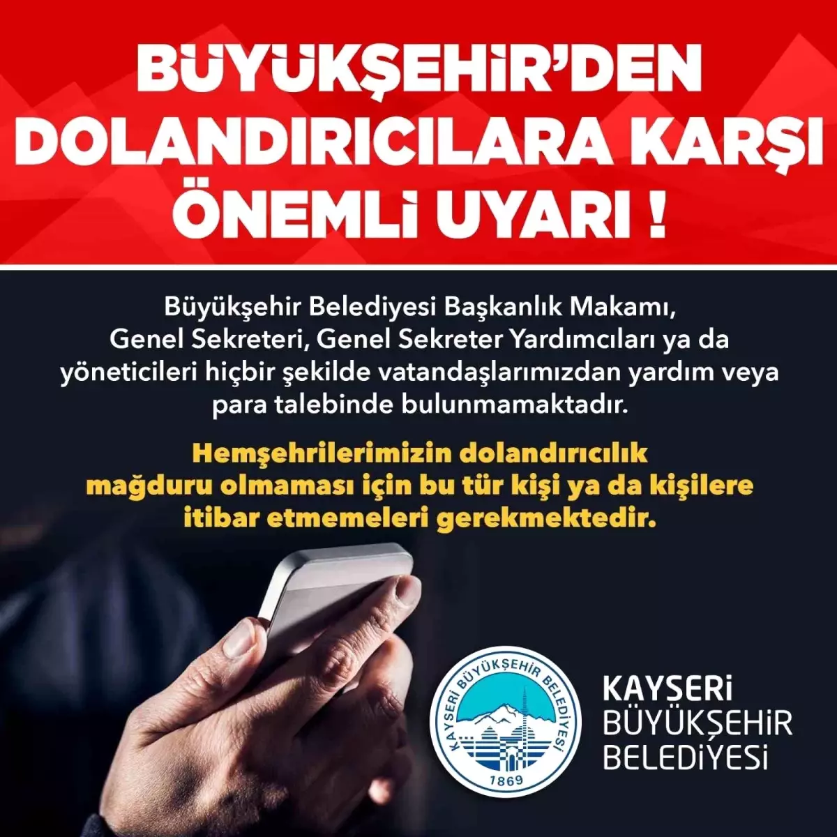 Kayseri Büyükşehir Belediyesi’nden Dolandırıcılık Uyarısı