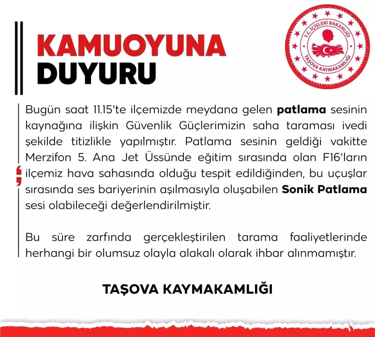 Taşova’da Patlama Sesi Tedirginlik Yarattı