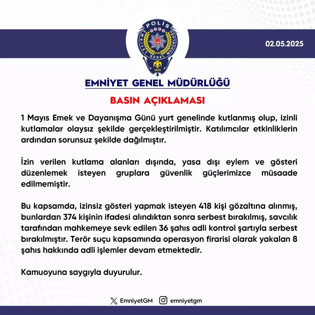 1 Mayıs’ta 418 Gözaltı