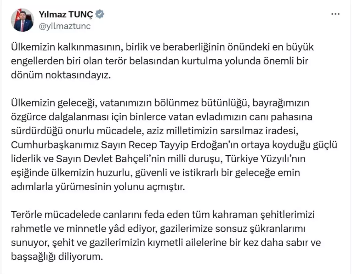Adalet Bakanı Tunç: ‘Ülkemiz terörün karanlığını ardında bırakacak’