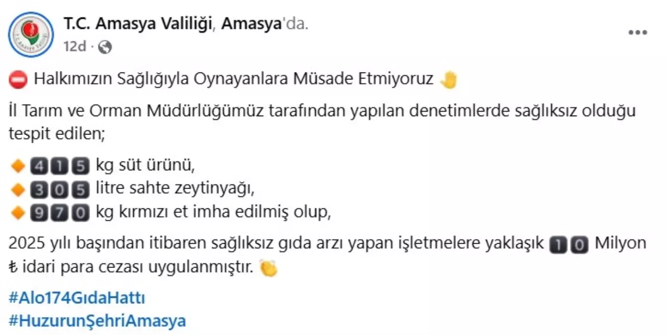 Amasya’da Sağlıksız Ürünlere 10 Milyon TL Ceza