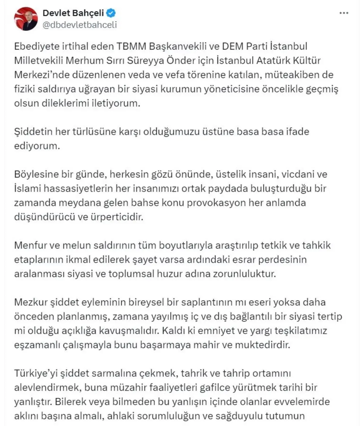 Bahçeli’den Şiddet Açıklaması