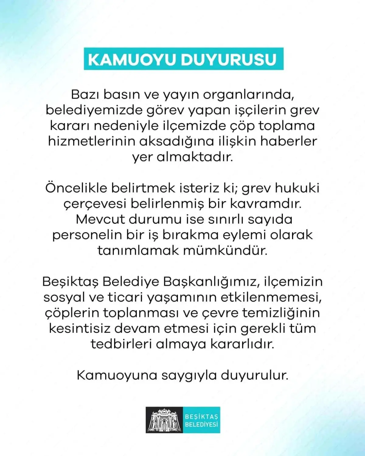 Beşiktaş Belediyesi’nden Çöp Toplama Hizmetleri ile İlgili Açıklama