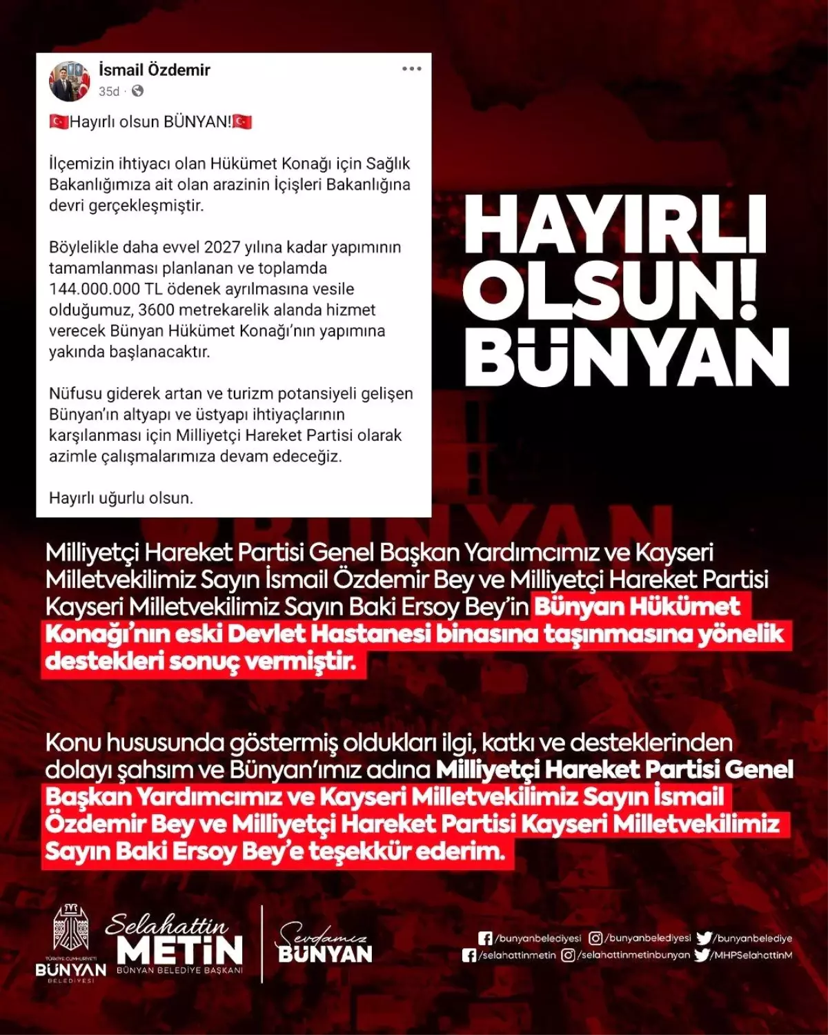 Bünyan Hükümet Konağı Eski Devlet Hastanesine Taşınıyor