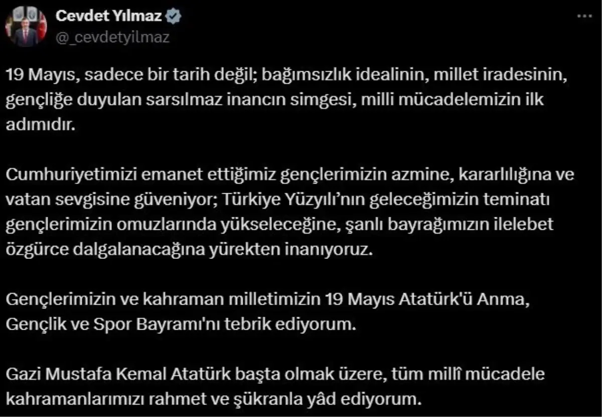 Cevdet Yılmaz’dan 19 Mayıs Mesajı