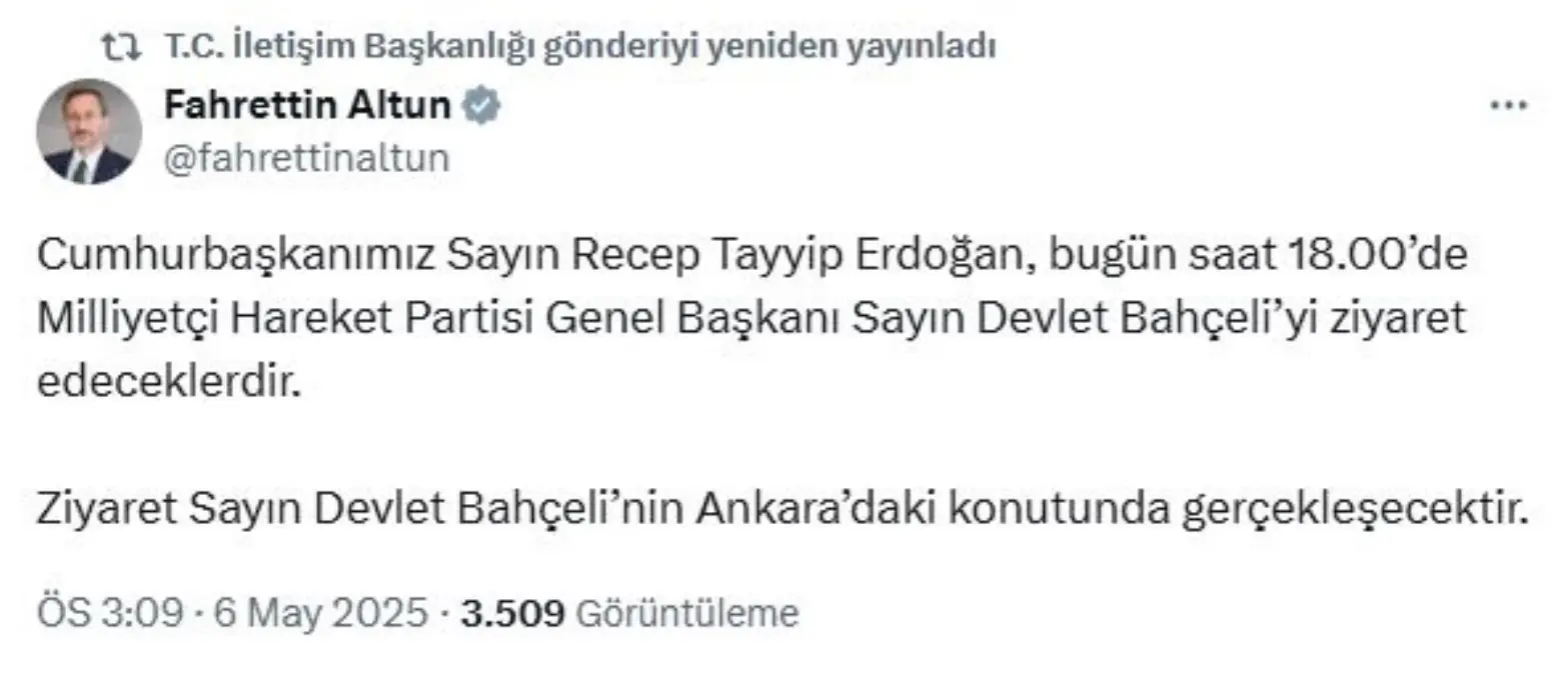 Cumhurbaşkanı Erdoğan, Bahçeli’yi ziyaret edecek