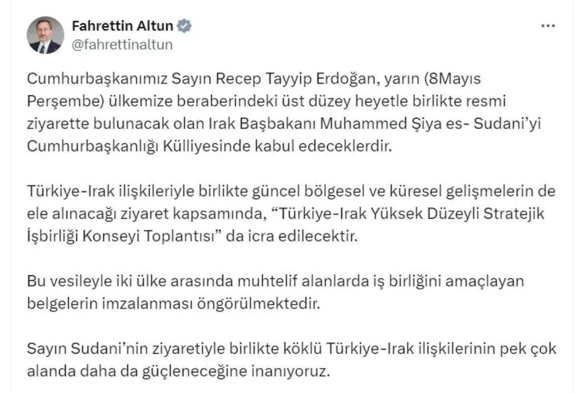 Cumhurbaşkanı Erdoğan, Irak Başbakanı Sudani’yi Kabul Edecek