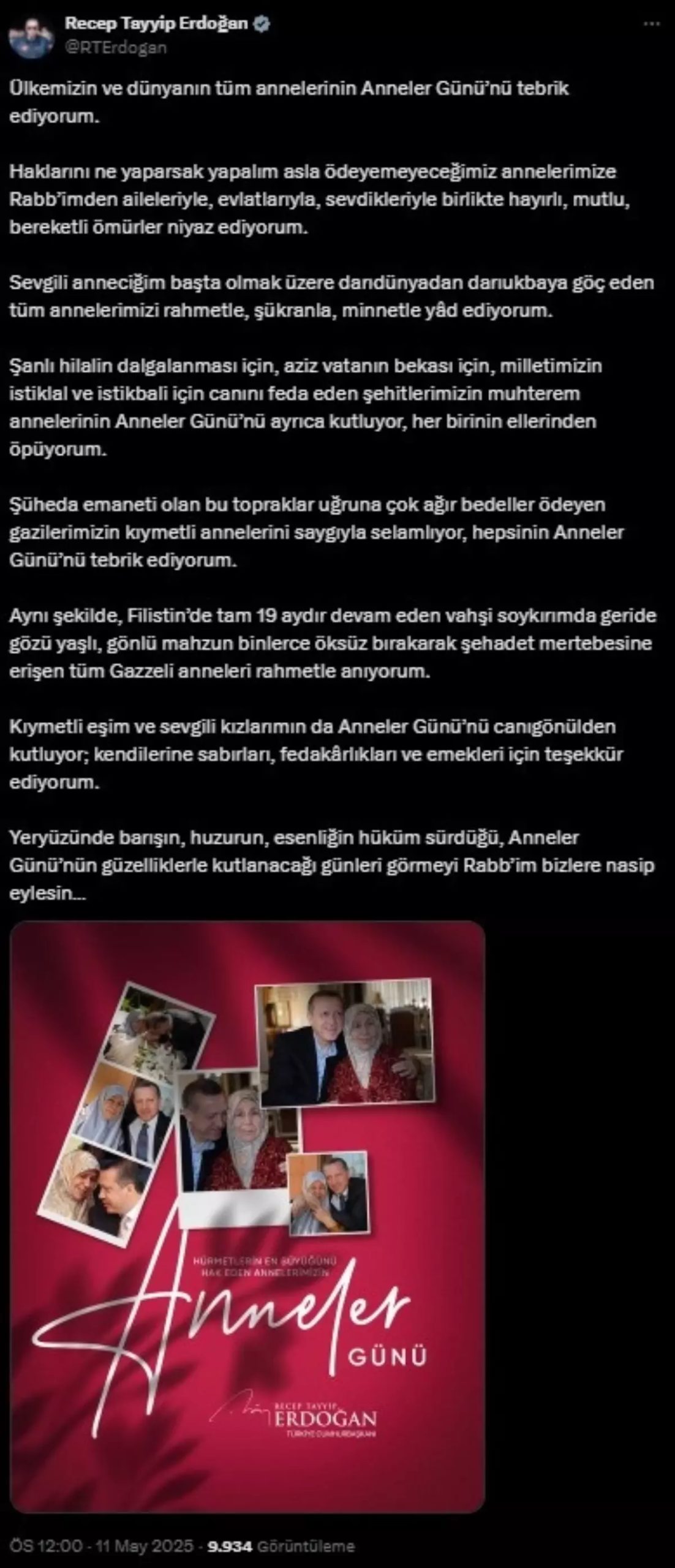Cumhurbaşkanı Erdoğan’dan Anneler Günü Mesajı