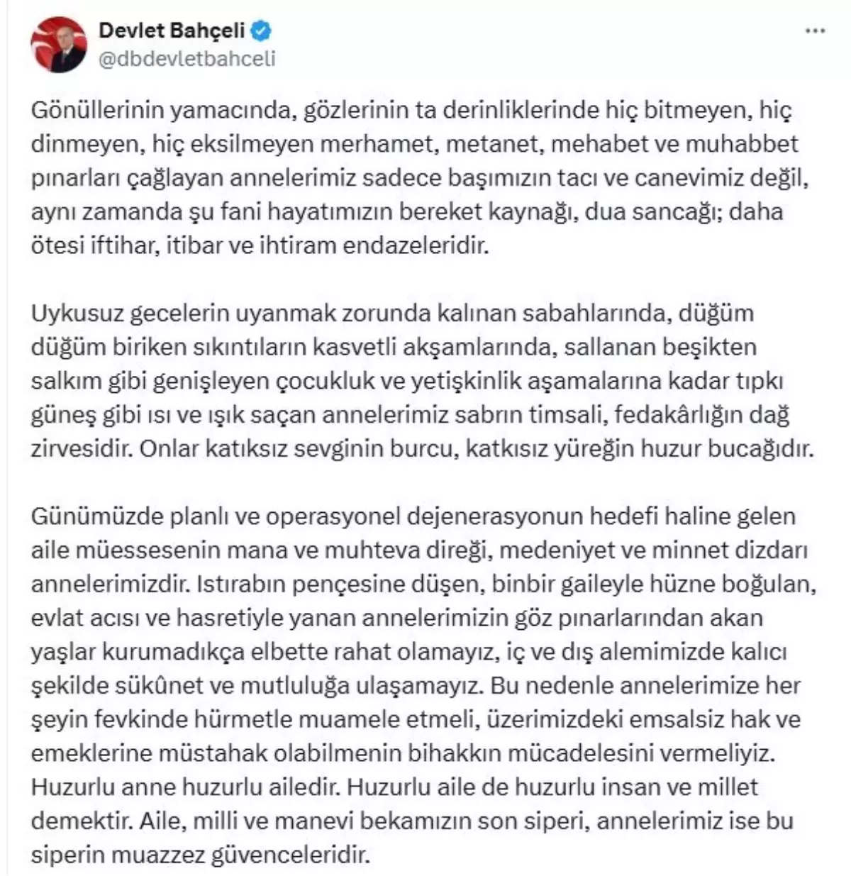 Devlet Bahçeli’den Anneler Günü Mesajı