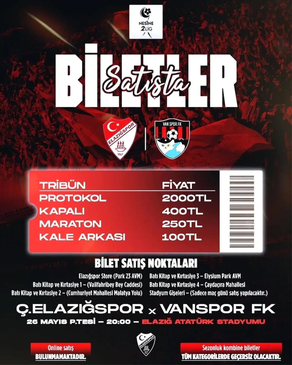 Elazığspor’un Vanspor Maçı Biletleri Satışta