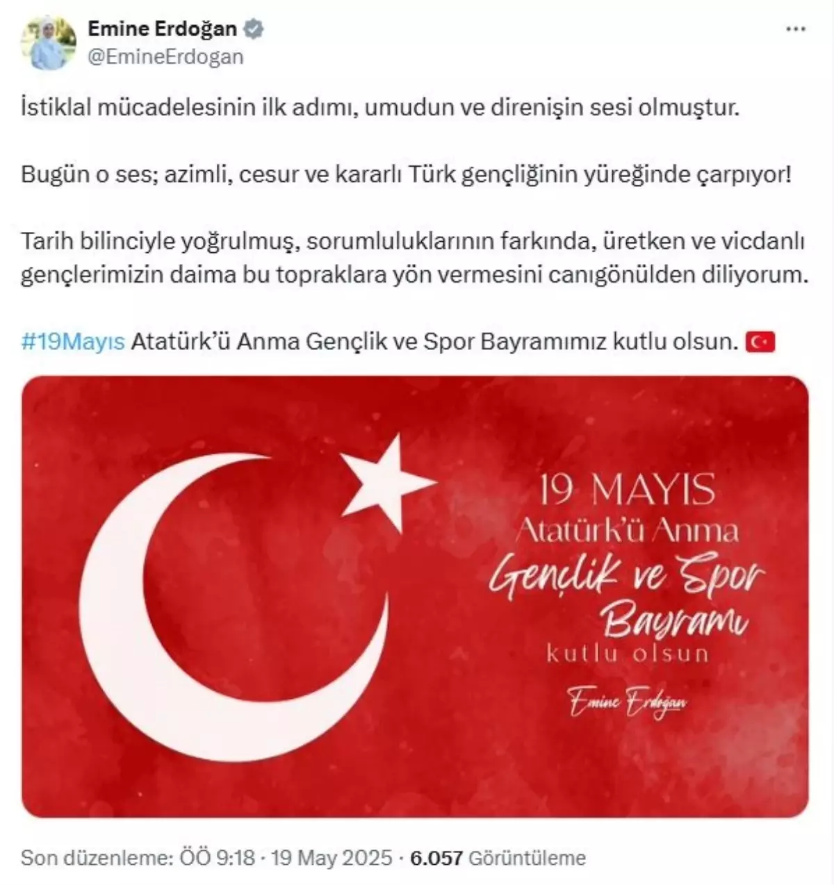 Emine Erdoğan’dan 19 Mayıs Mesajı