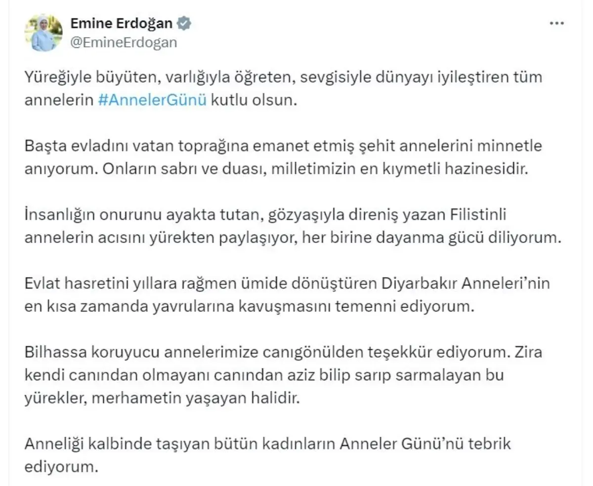Emine Erdoğan’dan Anneler Günü mesajı: Şehit annelerini minnetle anıyorum