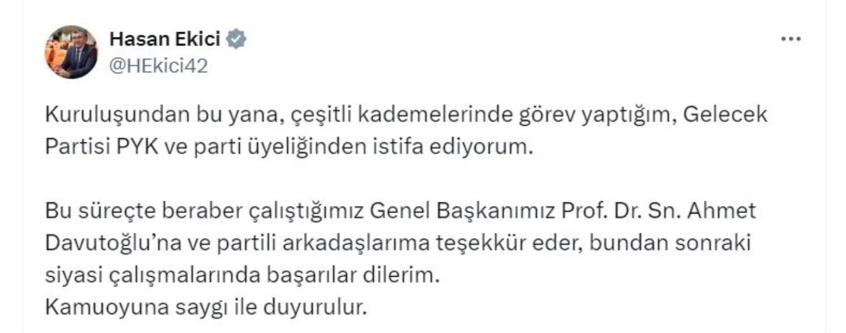 Hasan Ekici Gelecek Partisi’nden İstifa Etti