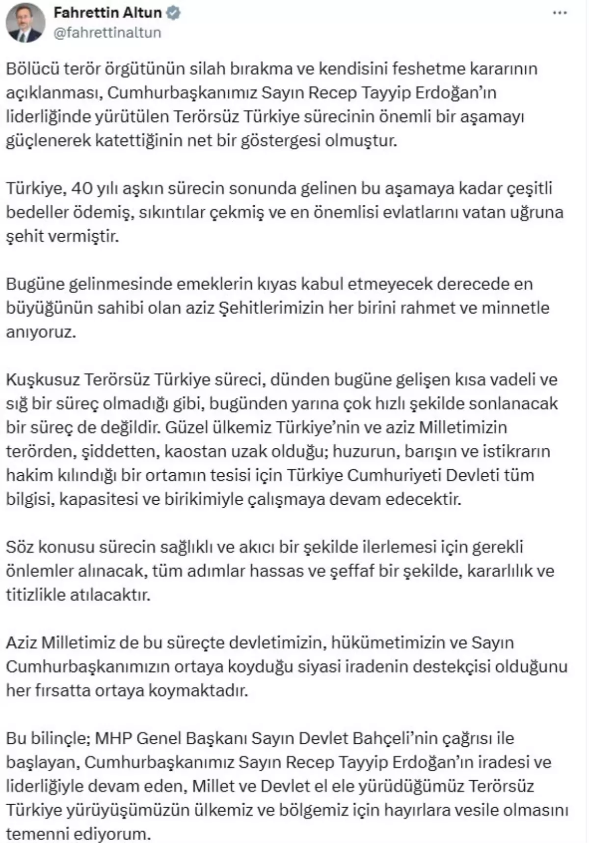 İletişim Başkanı Fahrettin Altun: ‘Terörsüz Türkiye süreci önemli bir aşamayı güçlenerek katetti’