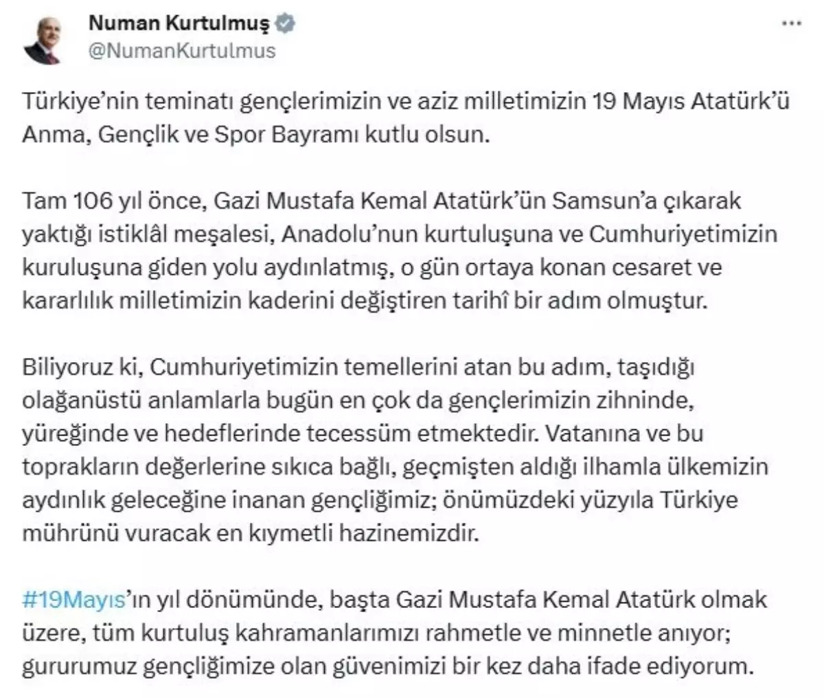 Kurtulmuş’tan 19 Mayıs Mesajı
