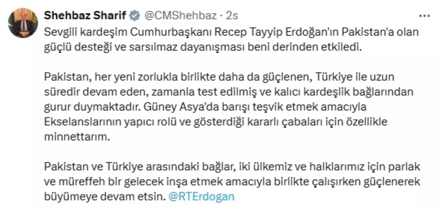 Pakistan Başbakanı Şahbaz Şerif: Türkiye ile Kalıcı Kardeşlik Bağlarından Gurur Duyuyoruz