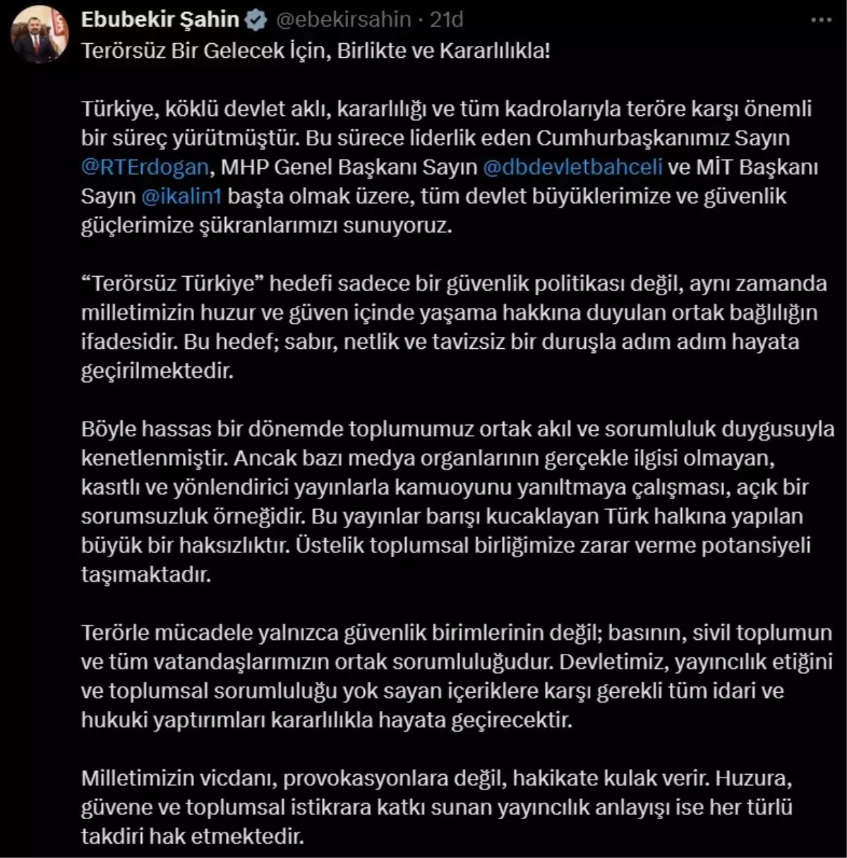 RTÜK Başkanı Şahin: ‘Terör örgütü PKK’nın fesih kararına ilişkin yanıltıcı yayınlar sorumsuzluktur’