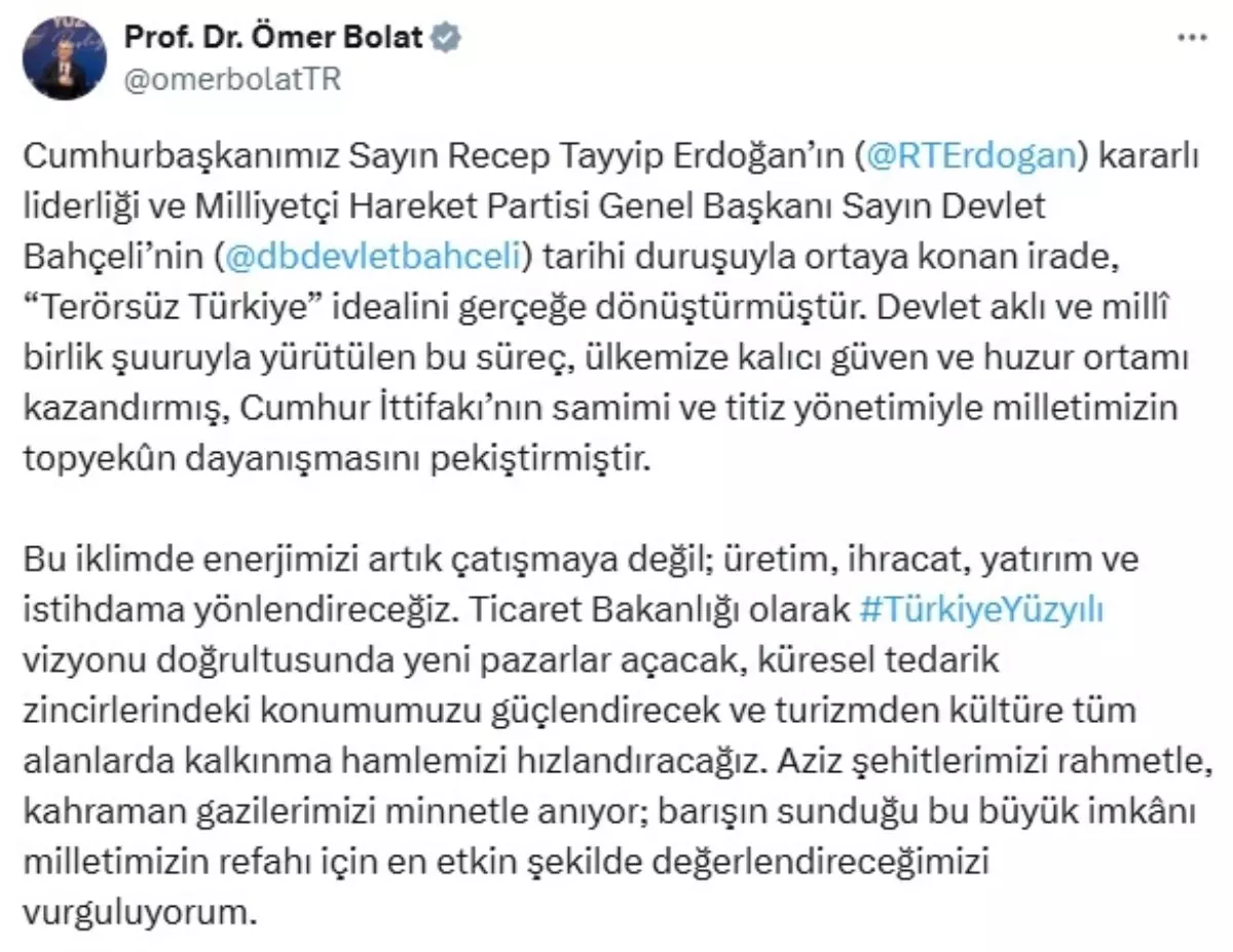 Ticaret Bakanı Bolat: ‘Enerjimizi artık üretime yönlendireceğiz’