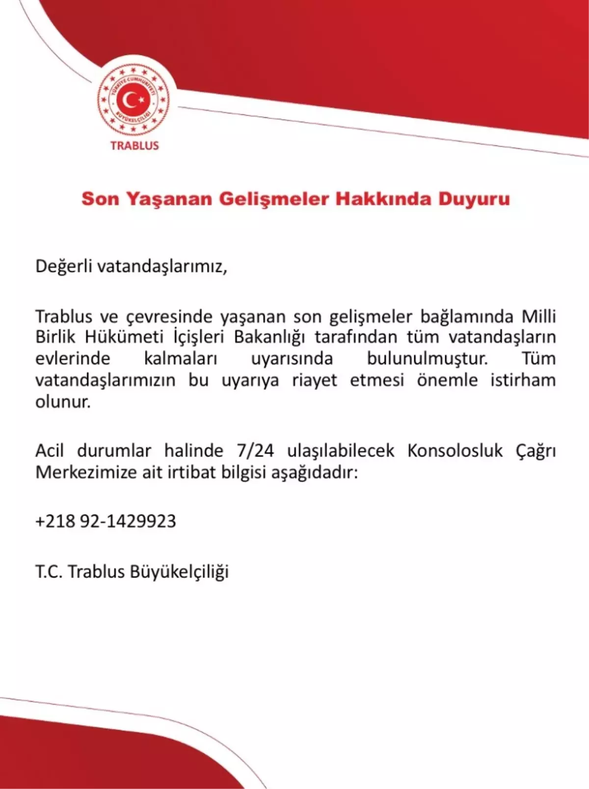Türk Büyükelçiliğinden Evde Kal Uyarısı